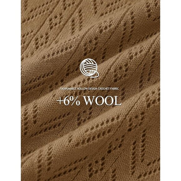 Women's Camel Wool Long Sleeve Crochet Pullover V Neck Lightweight Sweater - Picture 5 of 7